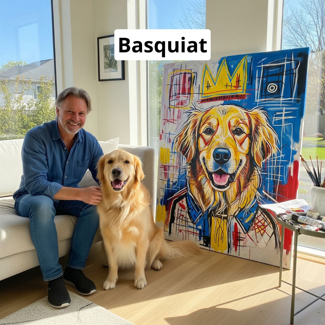 Man sitting on a couch with a dog next to a colorful painting of a dog wearing a crown.