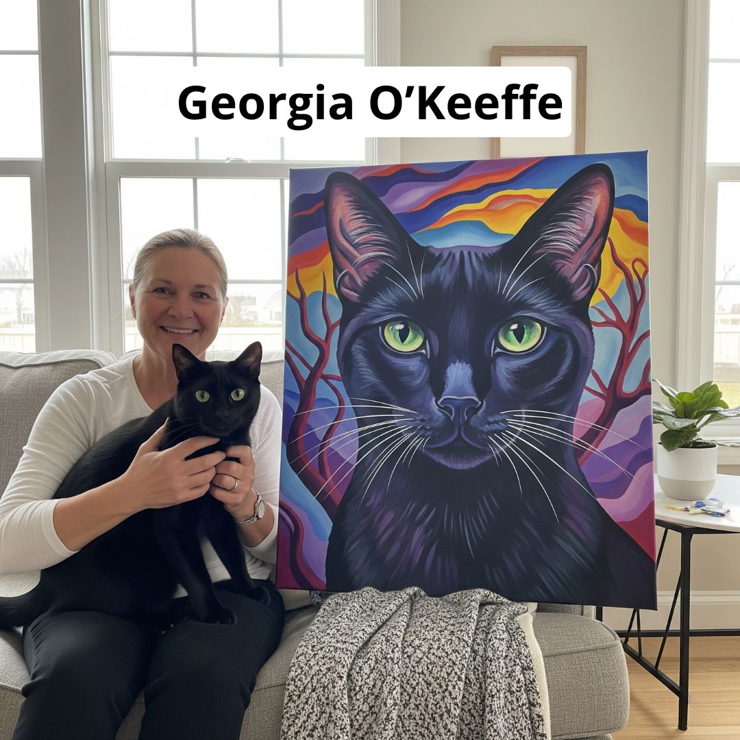 Woman holding a black cat next to a painting of a black cat with colorful background