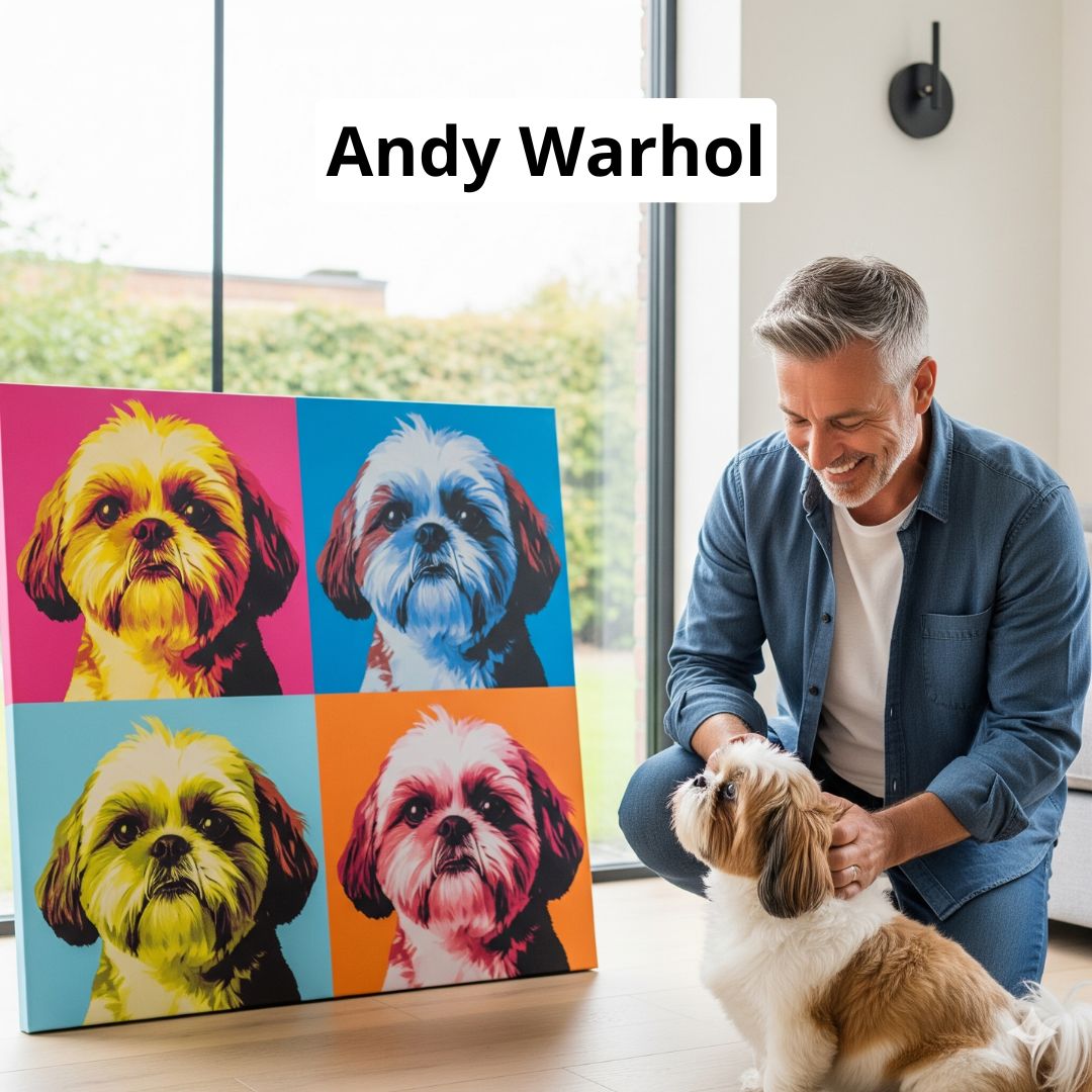 Man with a dog next to a colorful painting of dogs, featuring the name 'Andy Warhol'.