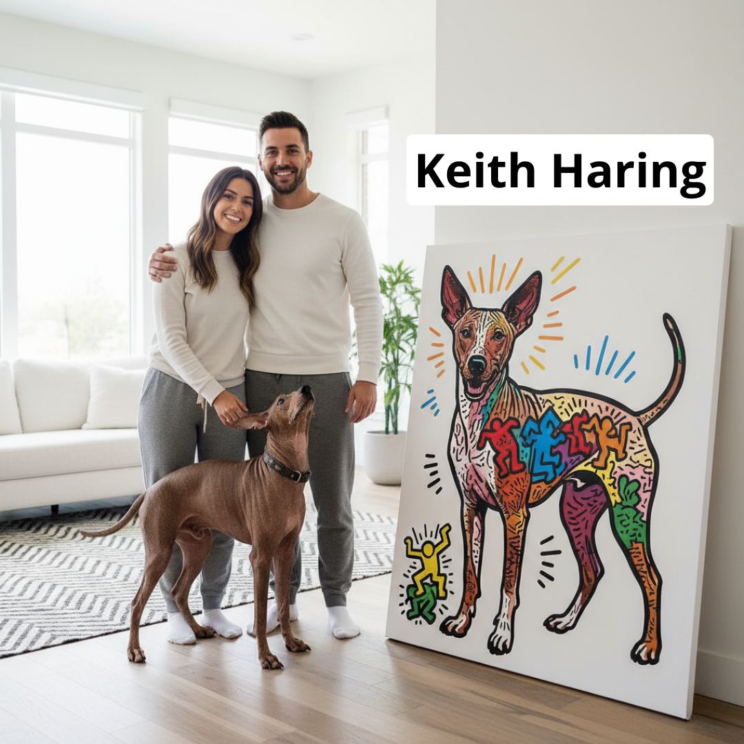 Couple with a dog standing next to a Keith Haring-style artwork of a dog in a living room.