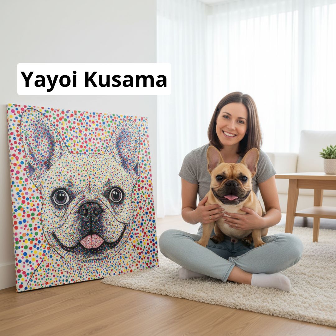 Woman holding a dog next to a colorful Yayoi Kusama artwork of a dog's face.