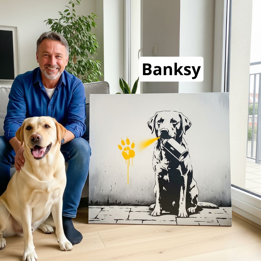 Man with a dog sitting next to a Banksy-style artwork of a dog with a yellow spray paint mark.