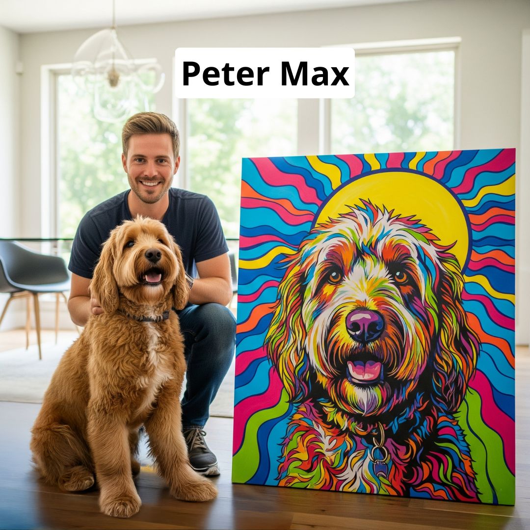 Man with a dog next to a colorful painting of a dog by Peter Max